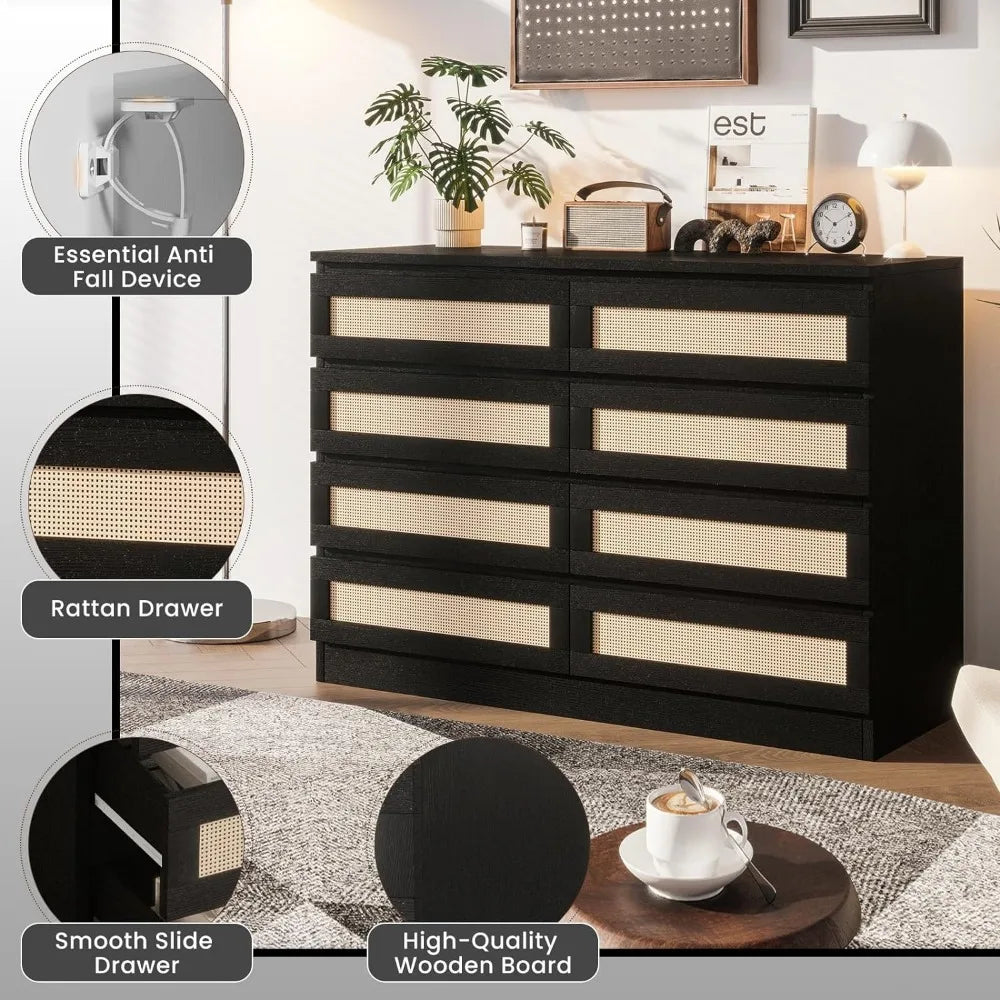 8 Drawer Double Dresser for Bedroom, Rattan Chest of Dressers, Minimalist Modern Wooden Dresser Chest, Easy Assembly, Black