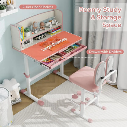 Kids Desk and Chair Set, Height Adjustable Children School Study Table and Chair Set w/Tilt Desktop