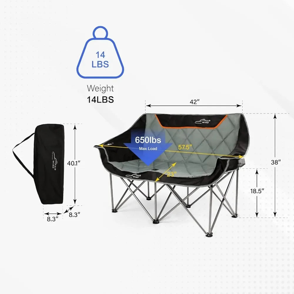 Oversized Fully Padded Camping Folding Loveseat Camping Couch Double Duo Chair Heavy