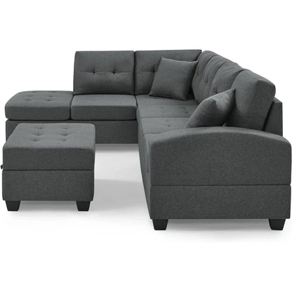 Living Room Sofa Set , L Shape Modular Storage Ottoman & Chaise, Comfy Corner Sofa Cup Holder Living Room Furniture Couch Sets