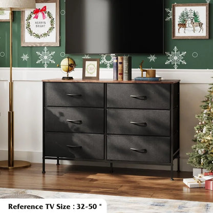 Wide Dresser with 6 Drawers, TV Stand for 50" TV, Entertainment Center with Metal Frame, Wooden Top, Fabric Storage Dresser for