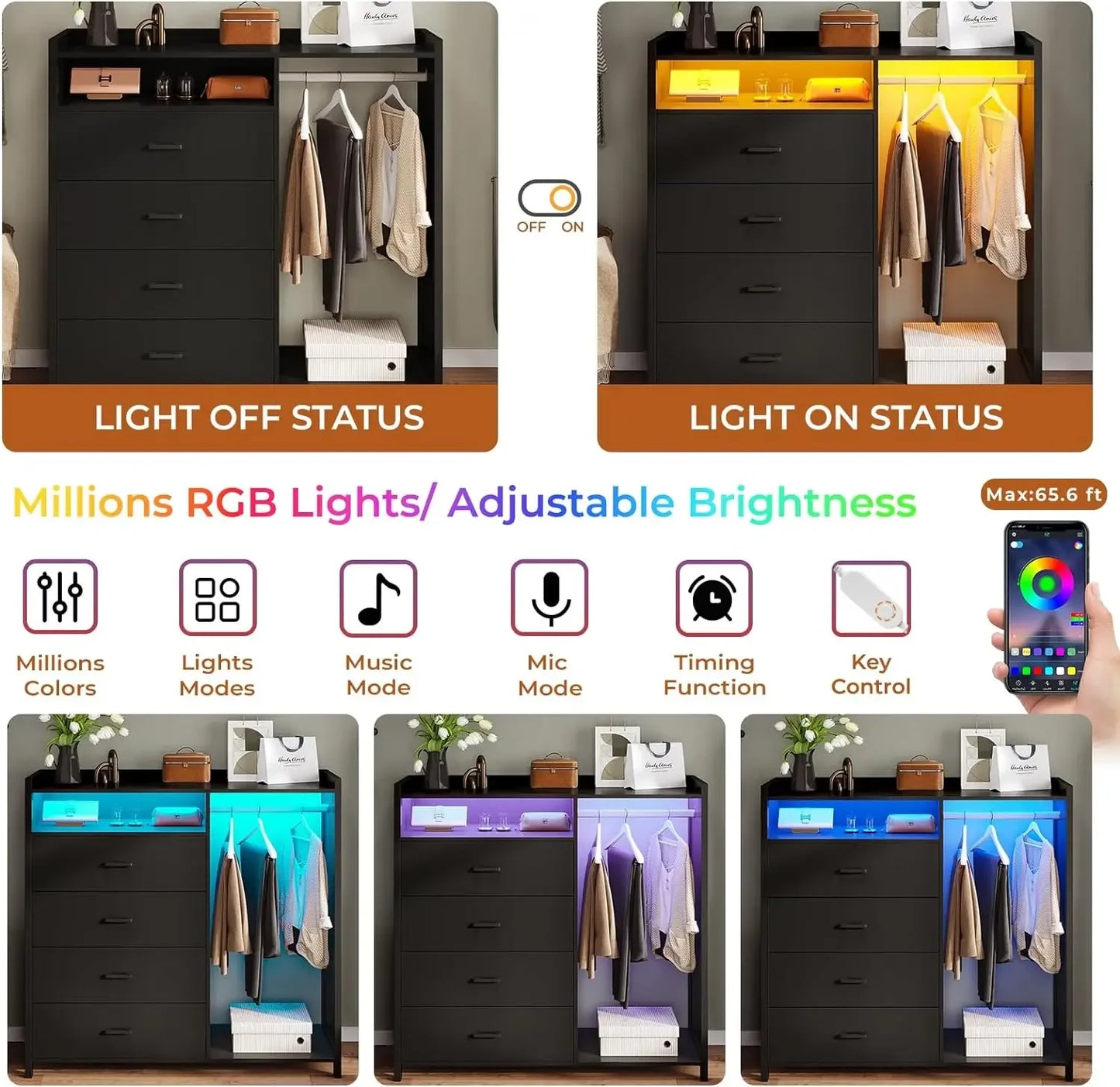 Cómoda para dormitorio con perchero, cómodas y cajoneras, cómoda de 4 cajones con luces LED, cómoda moderna larga con luces LED