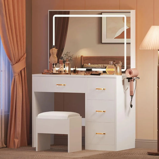 Commodes pour chambre à coucher, rangement blanc laiteux, coiffeuse, bureau avec grand miroir éclairé, avec prise de courant et bande LED