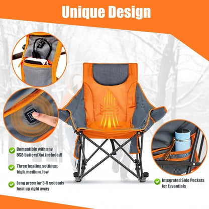 2 Pcs Oversized Heated Camping Chair for Adults Folding Outdoor Rocking Chairs With 3 Heat Levels Heavy Duty Portable Rocker