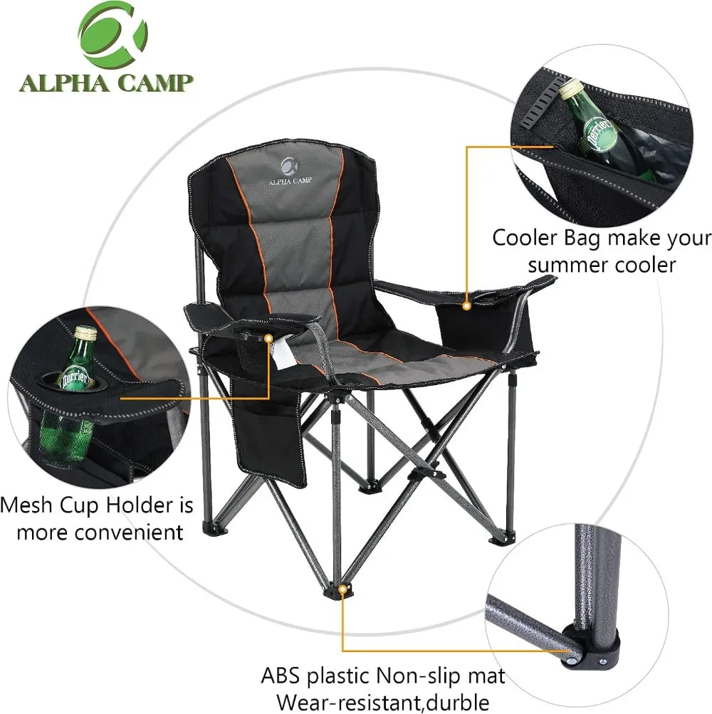 ALPHA CAMP Oversized Camping Folding Chair, Heavy Duty Support 450 LBS Steel Frame Collapsible Padded Arm Chair with Cup Holder