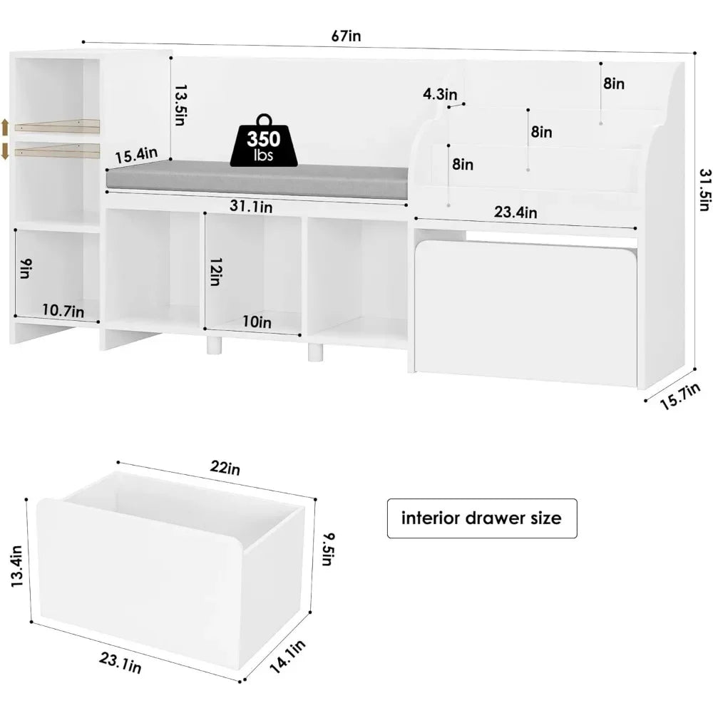 Coin lecture pour enfants de 67 po avec banc, étagère et bibliothèque pour enfants avec coussin de siège et 6 casiers de rangement, boîte de rangement pour jouets sur roulettes