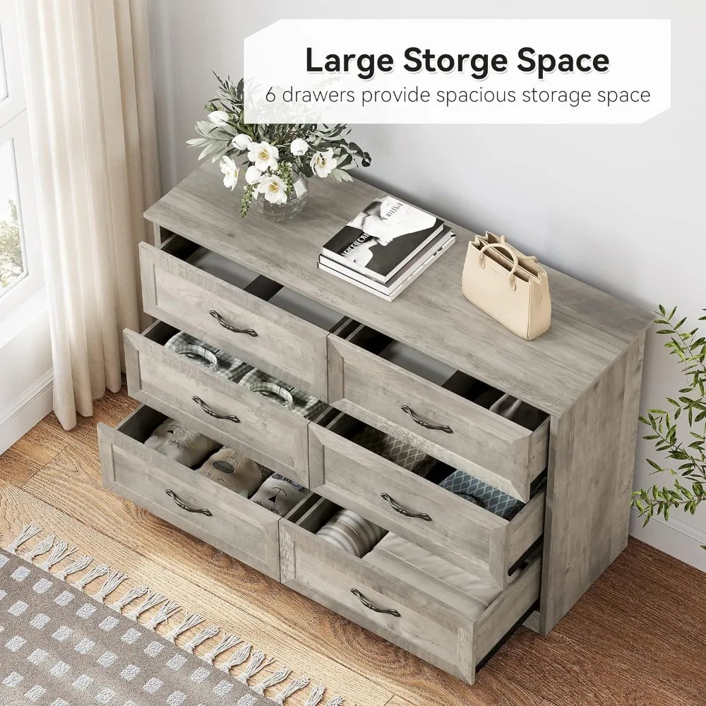 Bedroom Dresser, 6 Drawer Dresser with Oak Wood Grain Finished, Suitable for Bedroom, Closet, Living Room, Wooden, Grey