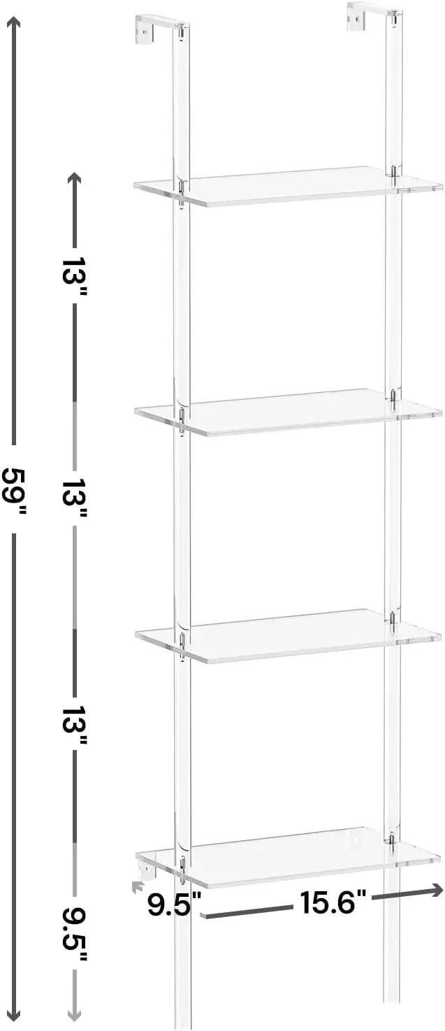 Petite bibliothèque en acrylique à échelle, 9,5 po de profondeur x 15,6 po de largeur, étagère murale transparente à 4 niveaux pour petits espaces, bibliothèque polyvalente pour