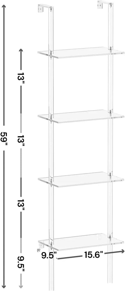 Petite bibliothèque en acrylique à échelle, 9,5 po de profondeur x 15,6 po de largeur, étagère murale transparente à 4 niveaux pour petits espaces, bibliothèque polyvalente pour