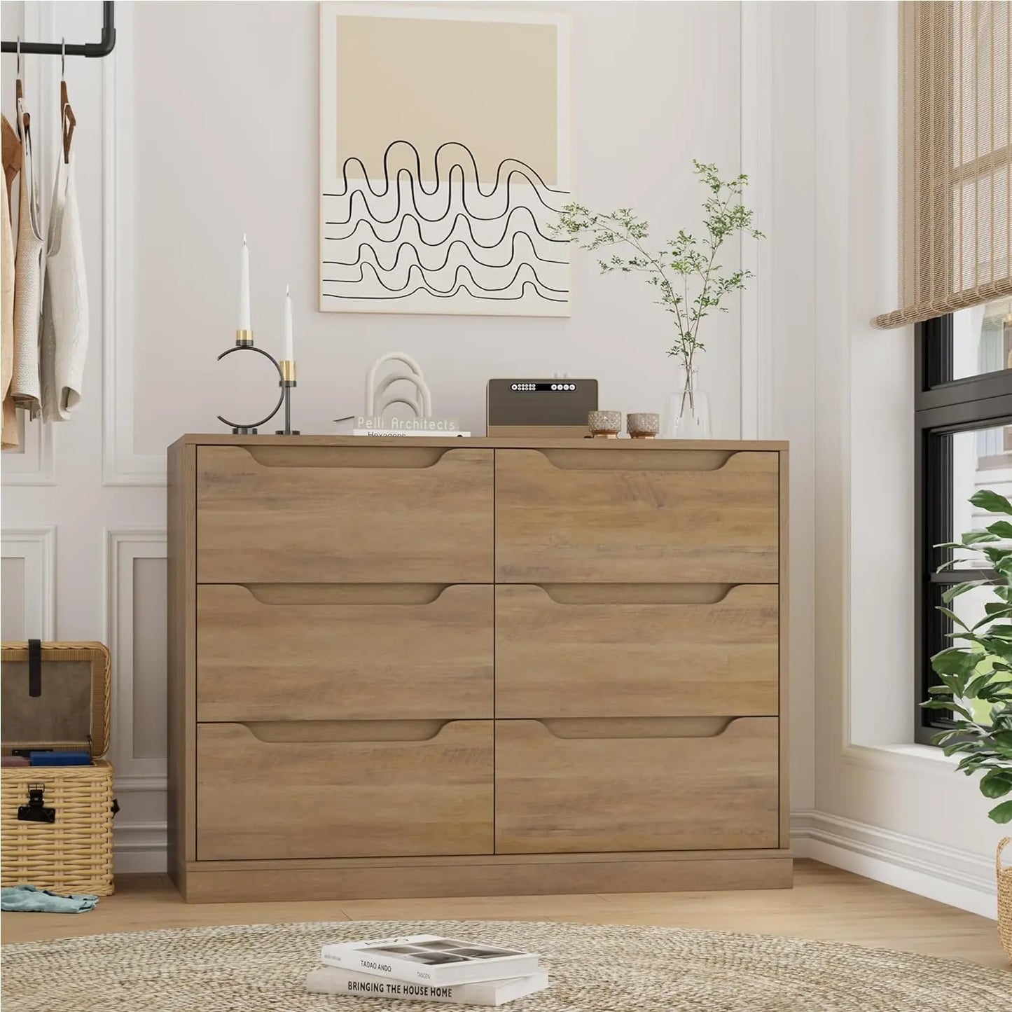 Modern 6 Drawer Dresser for Bedroom, Double Chest of Drawers, Large Wooden Storage Dresser Organizer, Accent Storage Cabinet