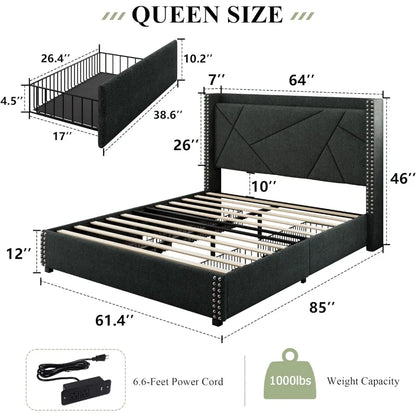 Cadre de lit Queen avec 4 tiroirs de rangement, cadre de lit plateforme rembourré avec station de charge et étagère à oreilles, lattes en bois massif