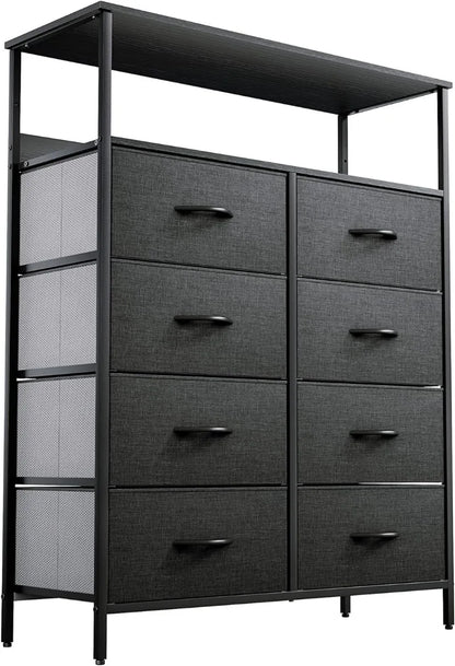 8-Drawer Fabric Dresser with Shelves, Furniture Storage Tower Cabinet, Organizer for Bedroom,, Easy Pull Fabric Bins(Black Grey)