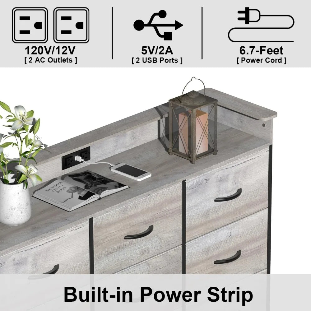 Commode blanche avec éclairage LED pour chambre à coucher Commode à 9 tiroirs avec station de charge Commode à tiroirs Cadre en acier Plateau en bois