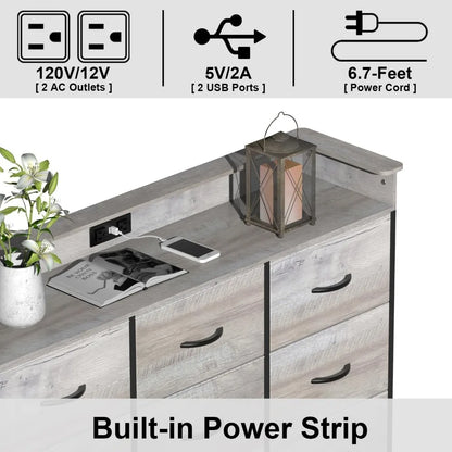 Commode blanche avec éclairage LED pour chambre à coucher Commode à 9 tiroirs avec station de charge Commode à tiroirs Cadre en acier Plateau en bois