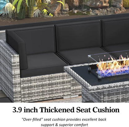 8 Piece Patio Furniture Set with 44" Propane Gas Fire Pit Table, Set Wicker Rattan Sofa Set and Coffee Table Rattan Möbel