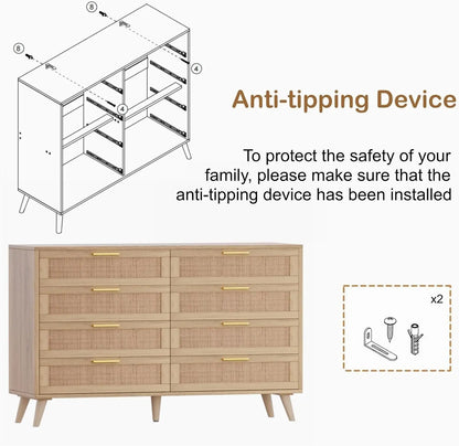 6/8 Drawer Double Dresser for Bedroom, Rattan Chest of Dressers, Modern Wooden Dresser Chest with Golden Handles