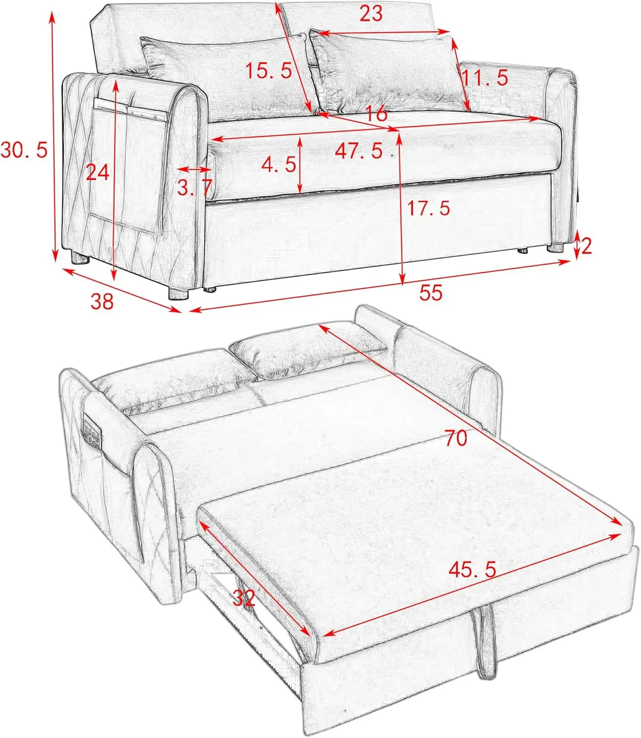 Canapé-lit convertible 3 en 1 en velours avec dossier réglable et 2 oreillers, 2 poches pour accoudoirs