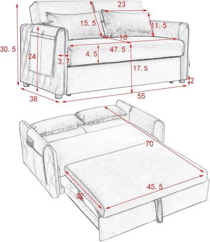 Loveseat de 55" con cama extraíble, sofá cama convertible 3 en 1 de terciopelo con respaldo ajustable y 2 almohadas, bolsillo para 2 brazos