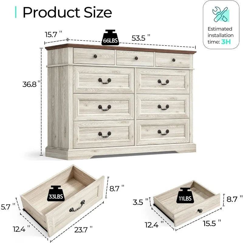 Farmhouse 6 Drawers Dresser, White Wood Dresser for Bedroom Wide Chest of Drawers, French Country Storage Double Dressers Or