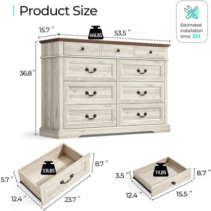 Farmhouse 6 Drawers Dresser, White Wood Dresser for Bedroom Wide Chest of Drawers, French Country Storage Double Dressers Or