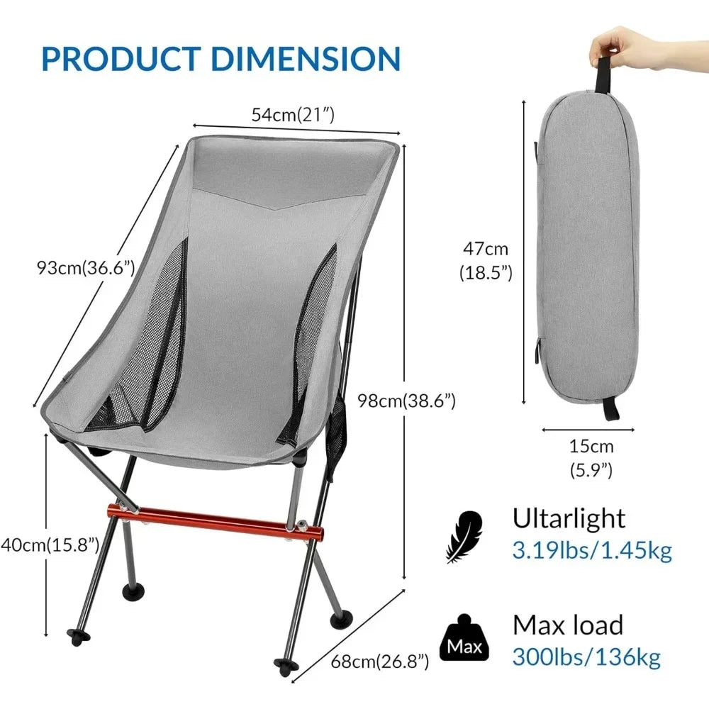 High Back Folding Camping Chair, Upgraded All Aluminum Frame for Adult, Built-in Pillow, Side Pocket & Carry Bag