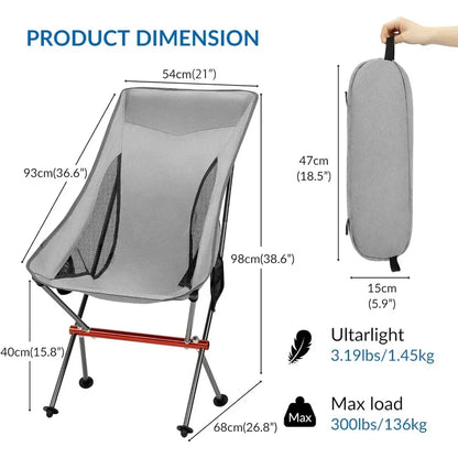 High Back Folding Camping Chair, Upgraded All Aluminum Frame for Adult, Built-in Pillow, Side Pocket & Carry Bag