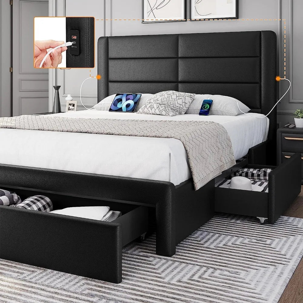 No Box Spring Needed Platform Bed Bases & Frames Leather Upholstered Headboard 3 Storage Drawers Bed Foundation Frame Black Home