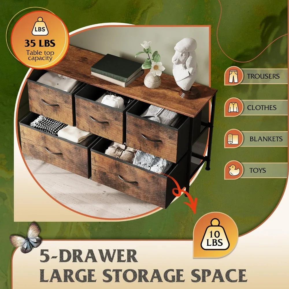 Dresser for Bedroom with 5 Drawers, Wide Chest of Drawers, Fabric Dresser, Storage Organizer Unit with Fabric Bins for Closet