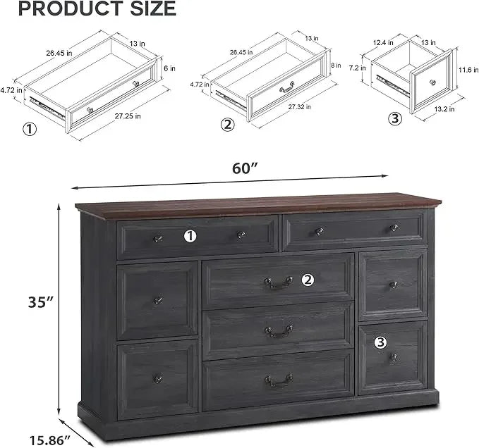 Commode à 9 tiroirs pour chambre à coucher, commode rustique en bois de 60 po de large, grande commode de rangement pour chambre à coucher, blanc