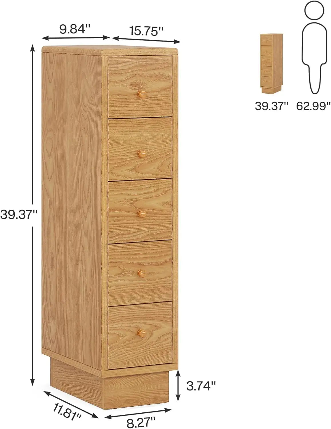 Commode à 5 tiroirs, commode étroite en bois pour chambre à coucher, commode haute et fine, organisateur de rangement mince, coffre à lingerie, chêne