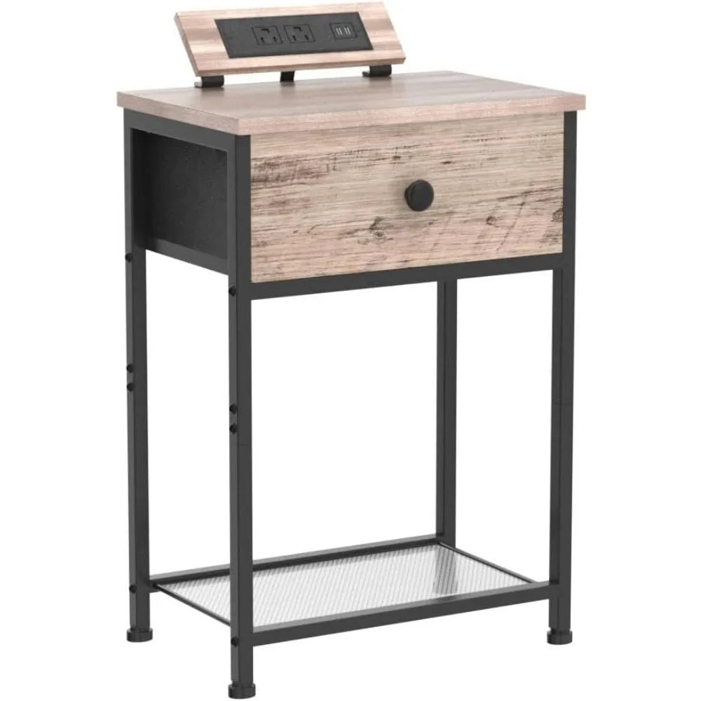 Night Stand, Nightstands Set of 2 with Charging Station, Small End Tables with USB Ports & Outlets, Slim Bedside Tabl