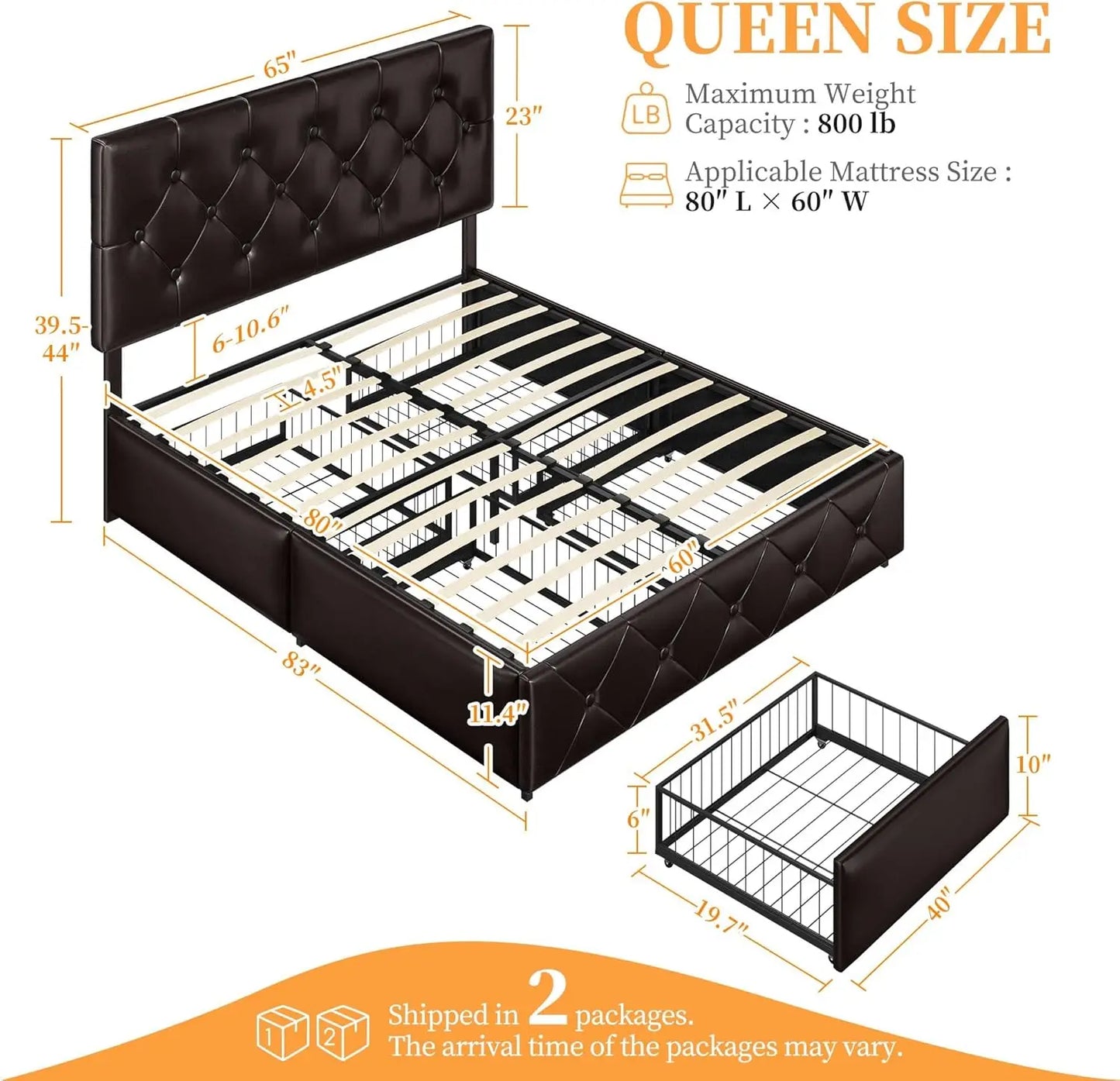 Queen Size Upholstered Bed Frame with 4 Drawers and Adjustable Headboard, Faux Leather Platform Bed