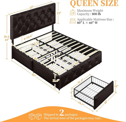 Queen Size Upholstered Bed Frame with 4 Drawers and Adjustable Headboard, Faux Leather Platform Bed