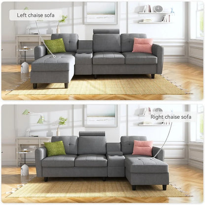 Sofa, Convertible Modular L-shaped Sofa with Cup Holder, 4-seater Sofa with Double-sided Chaise Longue, Light Grey Sofa