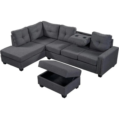 L Shape Modular Storage Ottoman & Chaise, Comfy Oversized Corner Sofa Cup Holder,Fabric Living Room Furniture Couch Sets