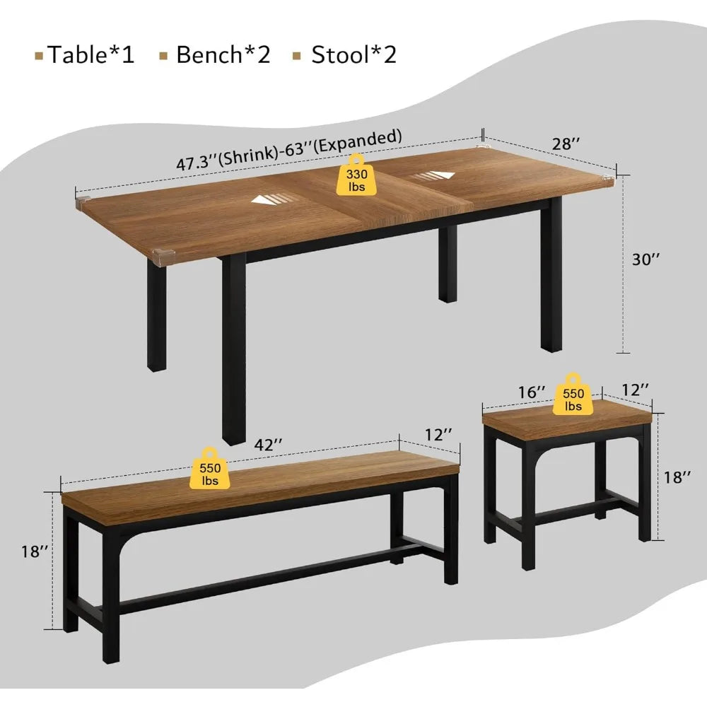 Ensemble de table à manger 5 pièces pour 4 à 8 personnes, ensemble de table de cuisine extensible avec 2 bancs et 2 tabourets carrés