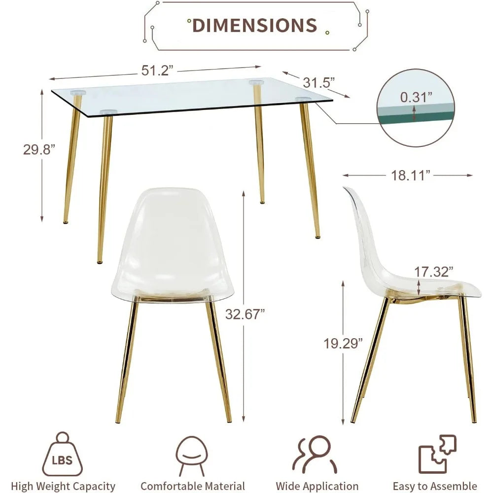 Dining Table and Chairs, 51 Inch, Gold Plated Legs, Tempered Glass Table Top and Dining Chairs, Glass Dinings Tables Set