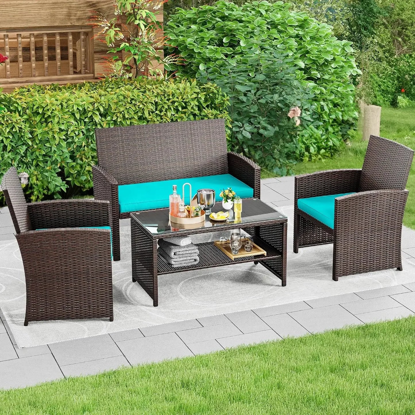 4-Piece Patio Furniture Wicker Outdoor Bistro Set, All-Weather Chairs , Balcony and Deck with Soft Cushions and Metal Table