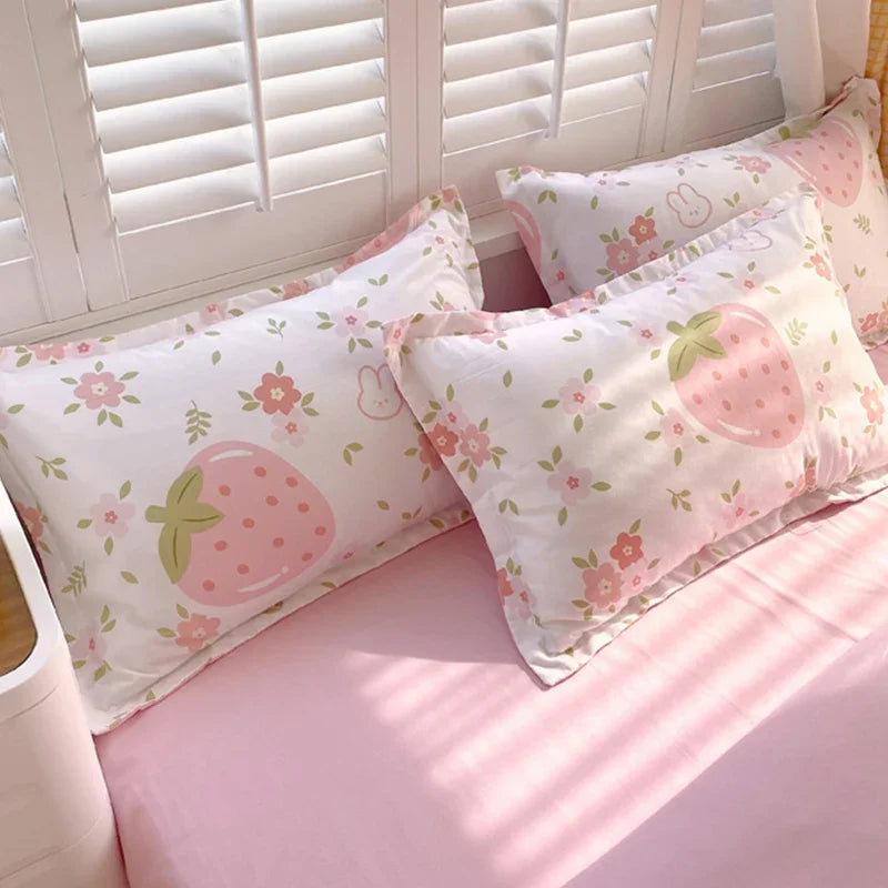 Jolie parure de lit rose fraise, drap de lit en coton lavé doux, housse de couette à fleurs, housse de couette pour fille, maison pour enfant