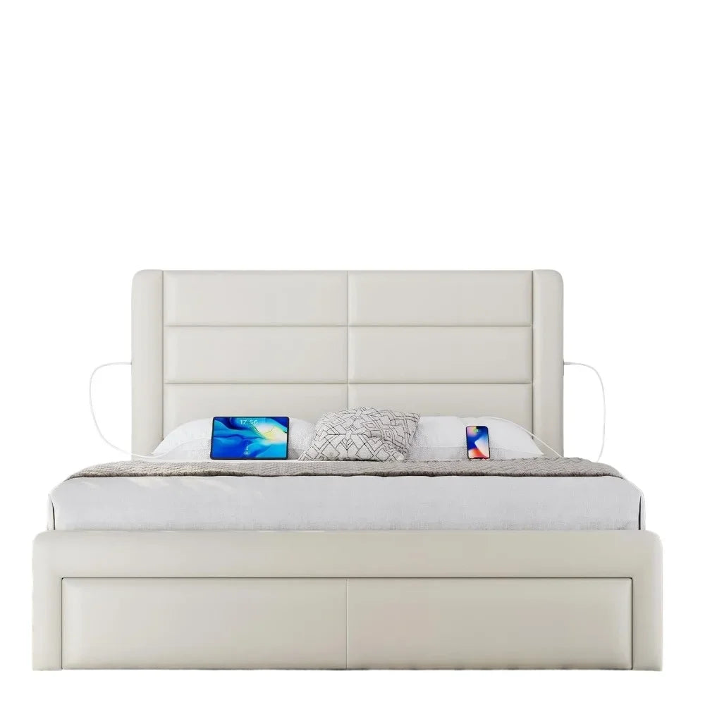 Queen Size Bed Frame with USB Charging Station/Port Storage Drawers,Leather Upholstered Platform Bed with Headboard86Lx63Wx41.5H