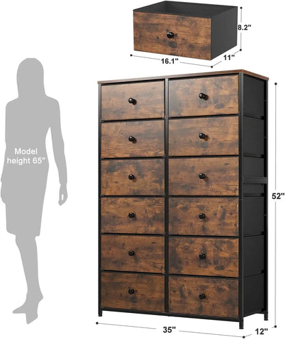 Tall Dresser for Bedroom w/12 Drawers,Freestanding Dressers & Chest of Drawes Fabric Drawers for Clothes,Closet, Multiple Colors