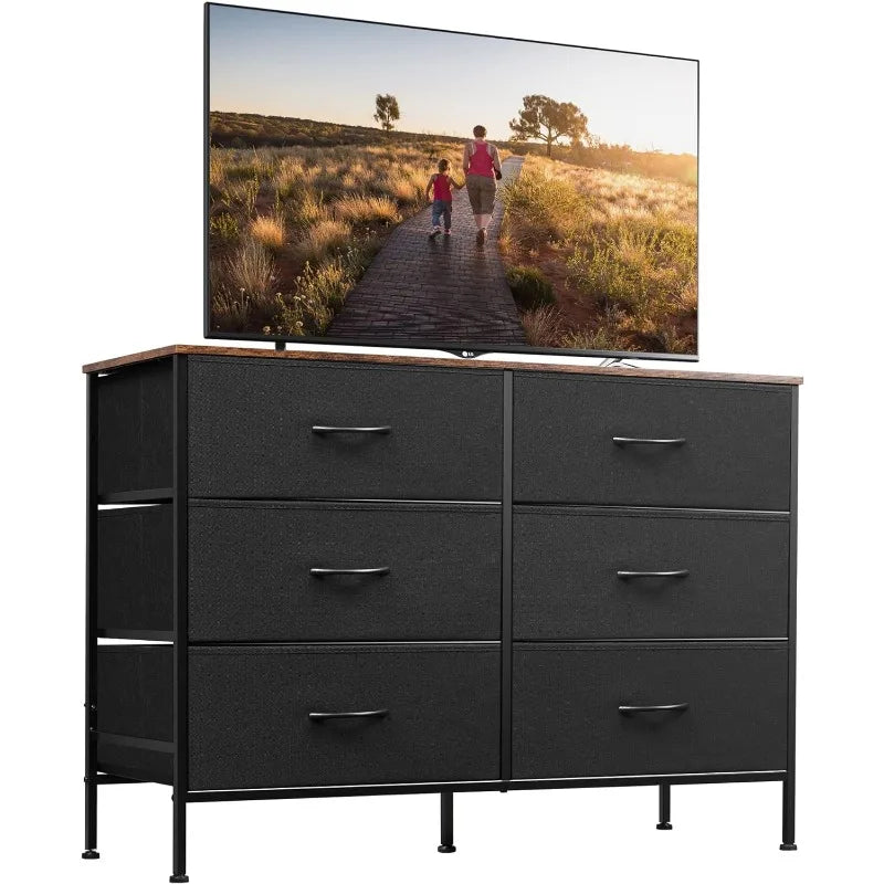 Wide Dresser with 6 Drawers, TV Stand for 50" TV, Entertainment Center with Metal Frame, Wooden Top, Fabric Storage Dresser for