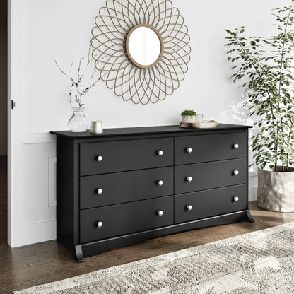 Bedroom Furniture: Black Double Dresser for Bedroom, 6-Drawer Wide Chest of Drawers, Traditional Bedroom Dresser