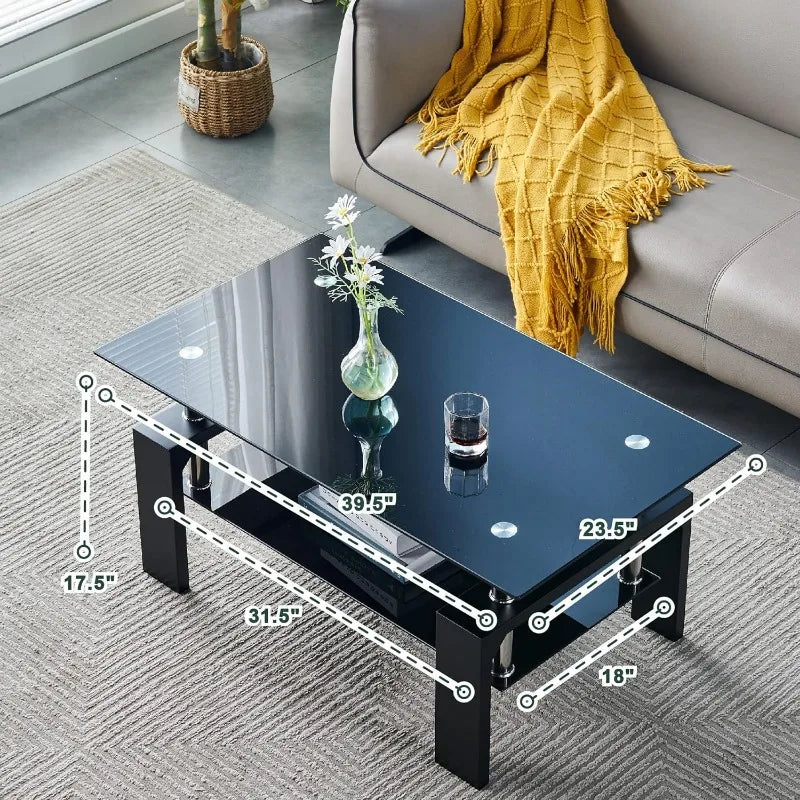 Living Room Rectangle Coffee Table, Tea Table Suitable for Waiting Room Modern Side Coffee Table with Wooden Leg, Glass Tabletop