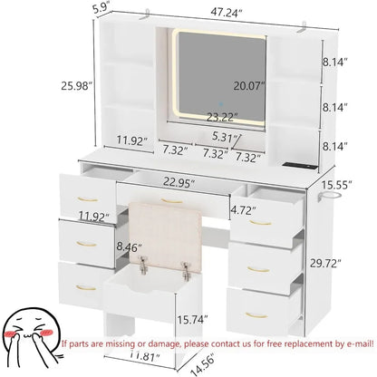 Ensemble de coiffeuse à LED blanche avec tabouret et prise de courant Meubles de chambre à coucher Table de maquillage pour la maison Coiffeuse pour filles (blanc) Meubles