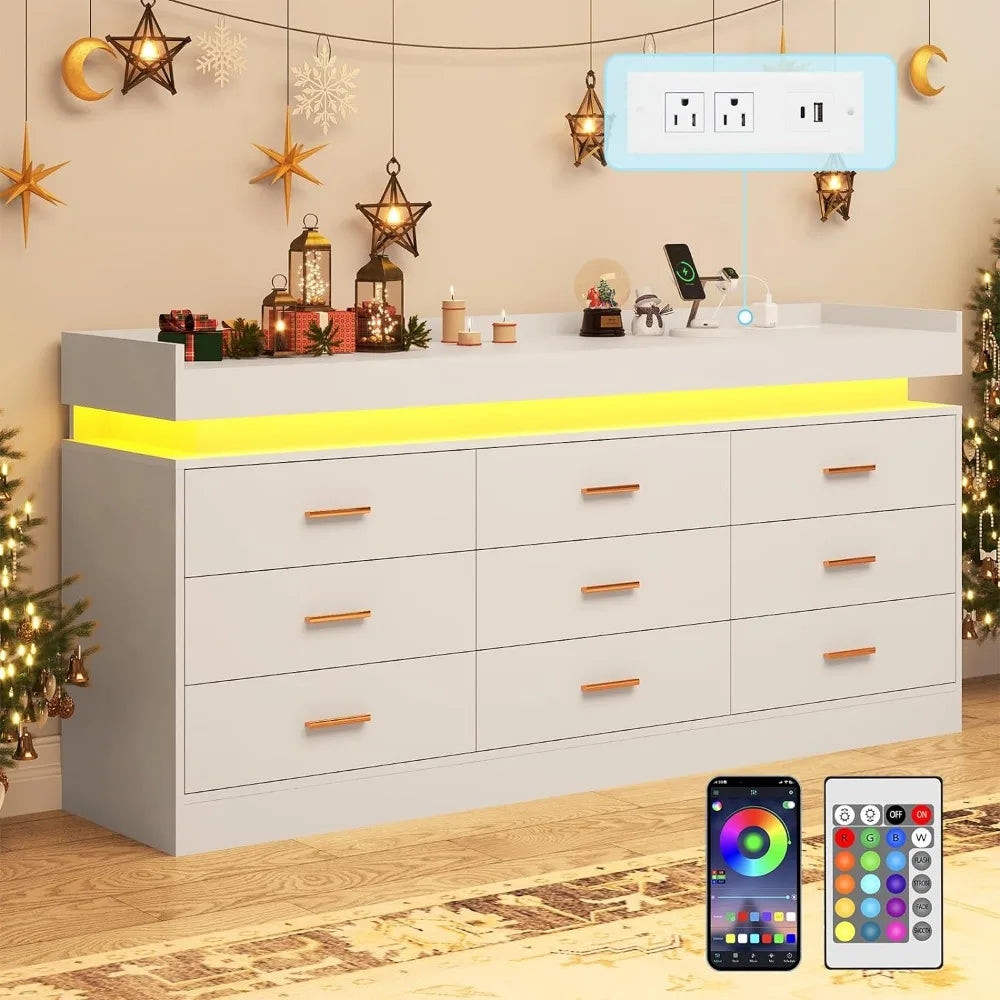 Bedroom Dresser, Drawer Dresser with LED Lights, Modern Chest of Drawers with Power Outlet, Organizer Cabinet for Bedroom, White