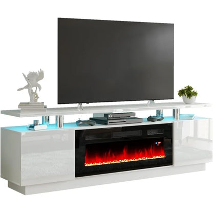 Fireplace TV Stand with 36" Fireplace, 70" Modern High Gloss Fireplace Entertainment Center LED Lights, 2 Tier TV Console