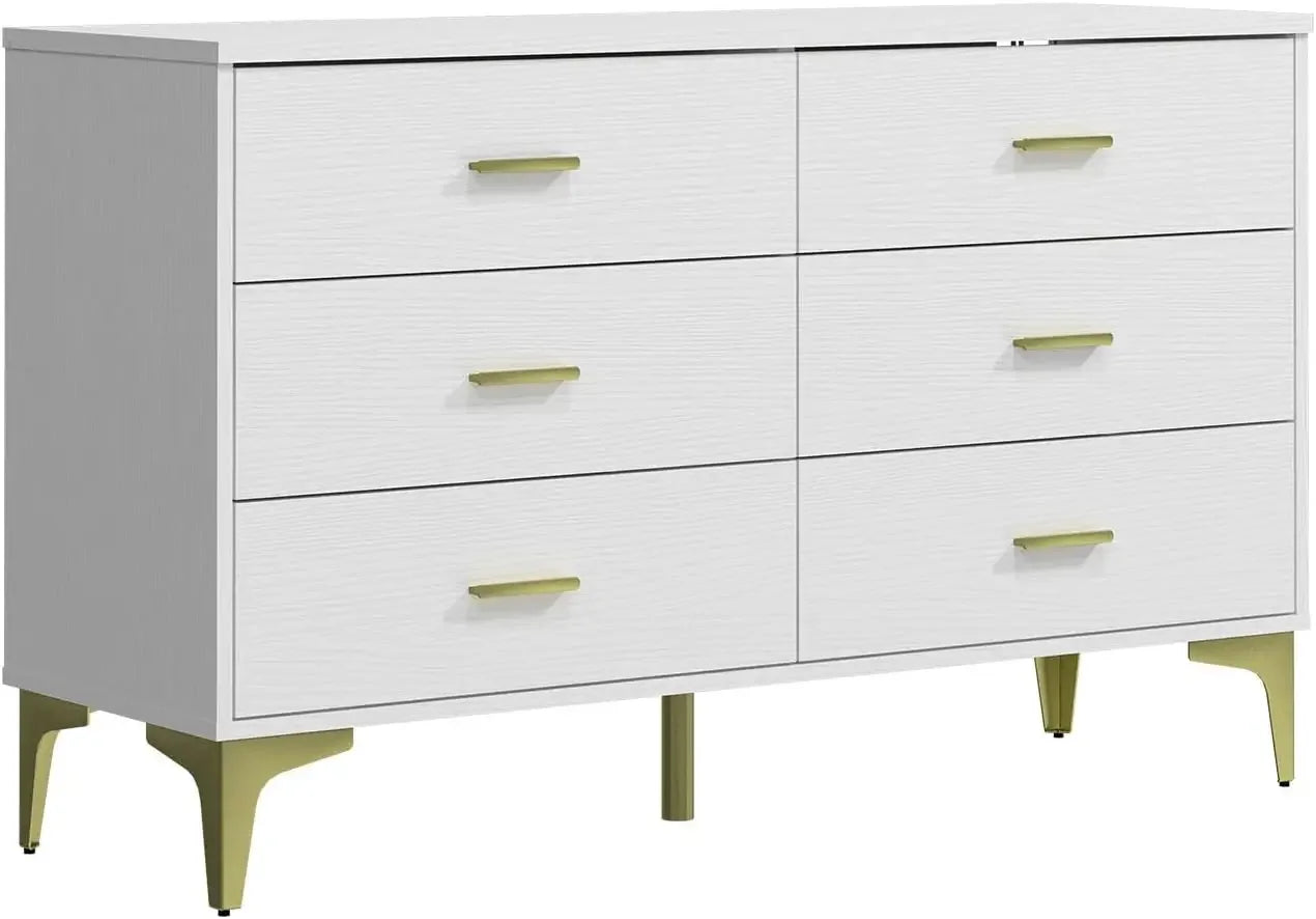 Dresser, Modern 6-drawer Wooden Side Chest of Drawers, Wide Drawers and Storage with Metal Gold Handles,Dressers