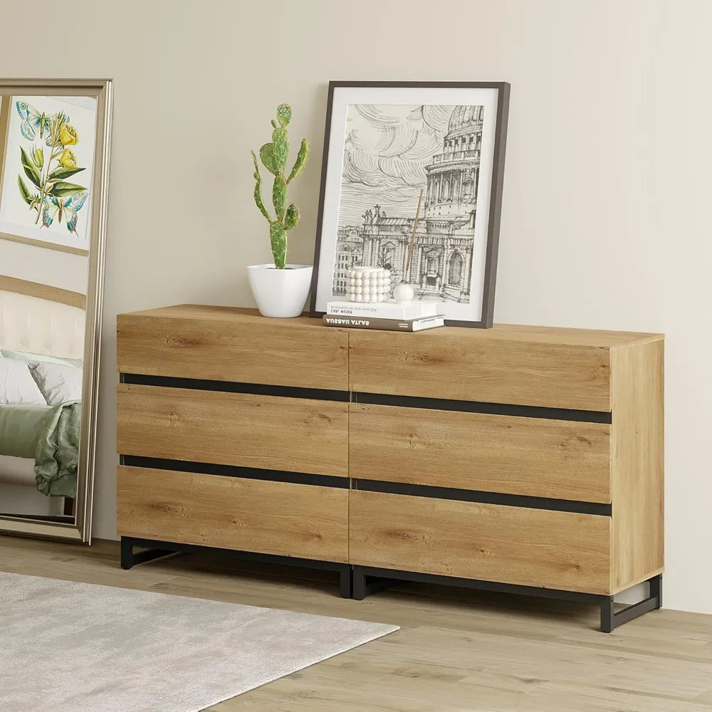 Dresser for Bedroom, Closet Organizers and Storage with 6 Drawers, Chest of Drawers with Metal Base, Modern Wood Dresser