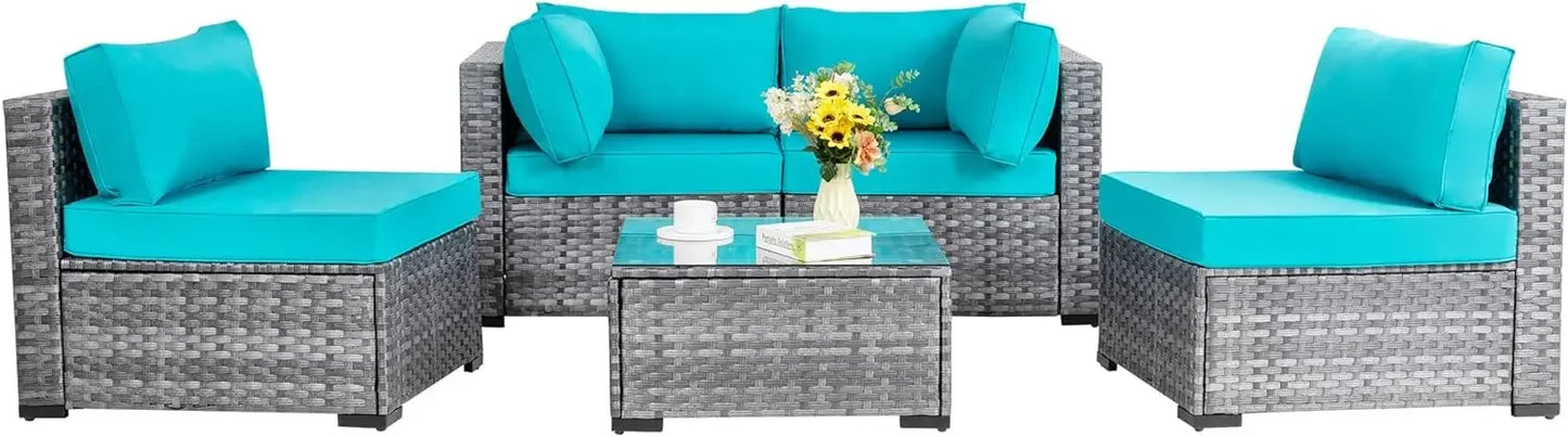 Shintenchi 5 Pieces Outdoor Patio Sectional Sofa Couch, Silver Gray PE Wicker Furniture Conversation Sets with Washable Cushions